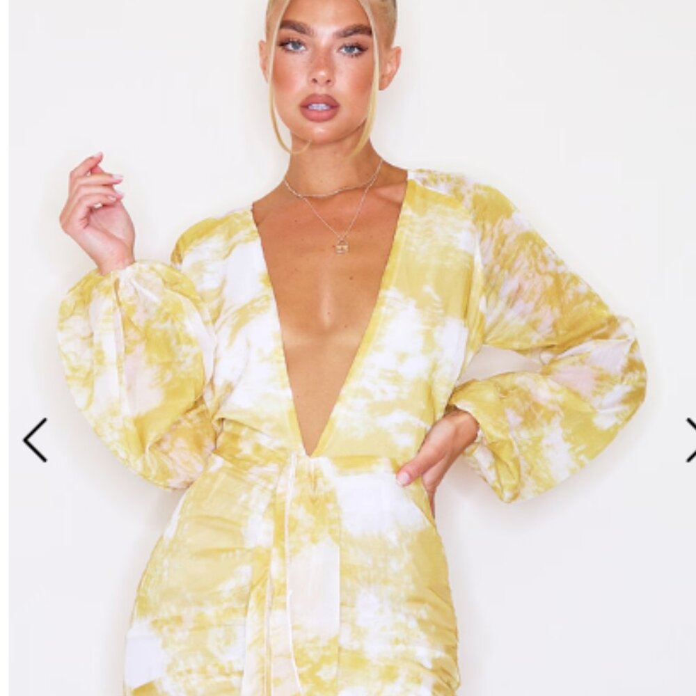 PrettyLittle Thing Chartreuse Tie Dye Chiffon Long Sleeve Bodycon Dress Size 6 - Picture 3 of 16